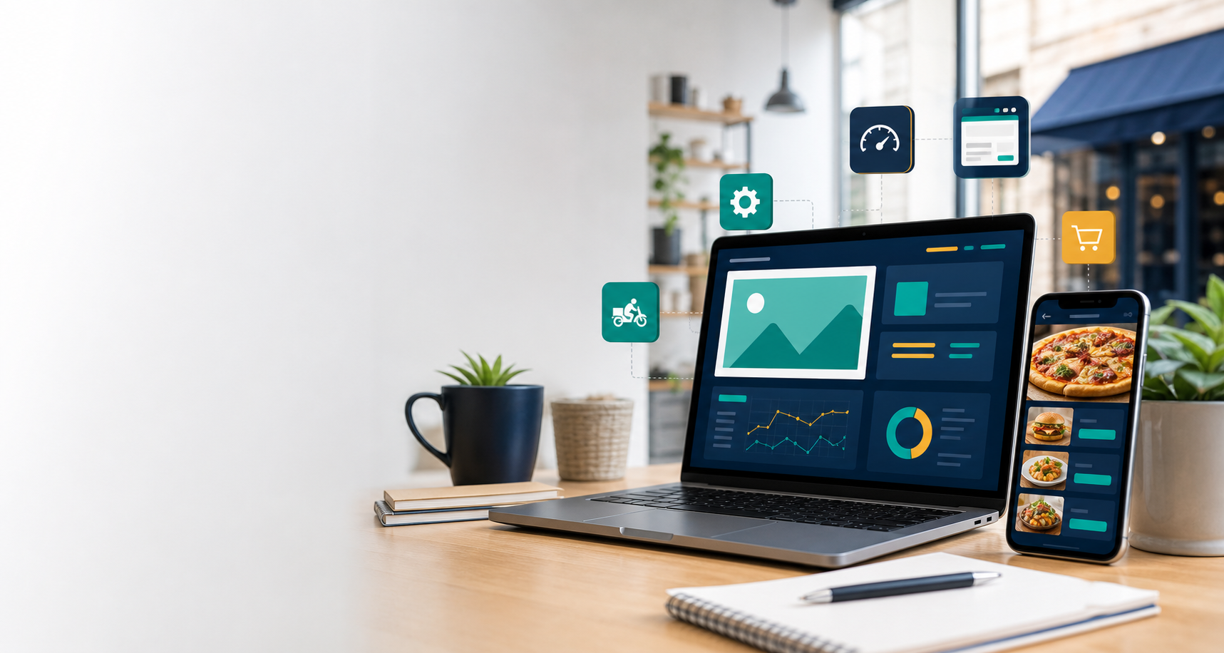 Notebook e celular exibindo interfaces digitais para sites, delivery e sistemas web